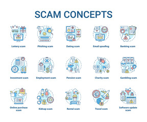 Scam concept icons set. Financial frauds. Illegal activities, phishing, cybercrimes. Criminal earnings. Dishonest scheme idea thin line illustrations. Vector isolated outline drawings. Editable stroke