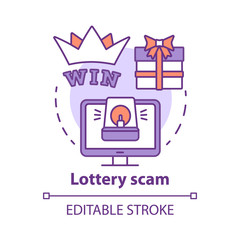 Lottery scam concept icon. Fake win. Illegal gambling and fraud. Online trickery. Financial deception idea thin line illustration. Vector isolated outline drawing. Editable stroke