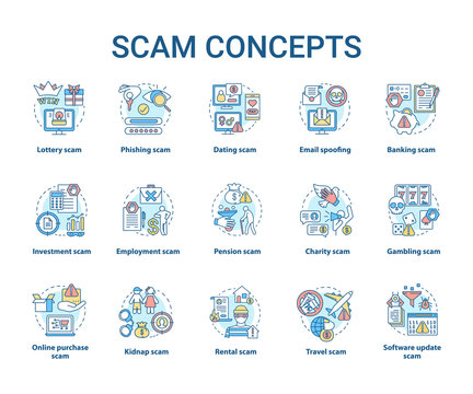 Scam concept icons set. Financial frauds. Illegal activities, phishing, cybercrimes. Criminal earnings. Dishonest scheme idea thin line illustrations. Vector isolated outline drawings. Editable stroke