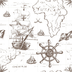 Fototapety  Streszczenie tło wektor na temat podróży, przygody i odkrycia. Stara ręcznie rysowana mapa z zabytkowymi jachtami żaglowymi, różą wiatrów, trasami, symbolami morskimi i odręcznymi napisami