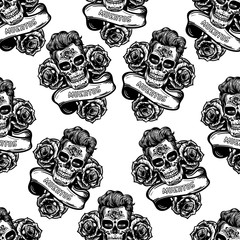 Vector hand drawn seamless pattern of Day Of The Dead Skull Muertos. Skull sugar flower. Skull tattoo on white background.
