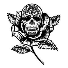 Tattoo vintage design element. Vector Black and White Tattoo Skull Roses Illustration isolated on white background.