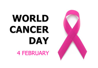 World cancer day concept. Pink ribbon as symbol of breast cancer awareness, isolated on white. 