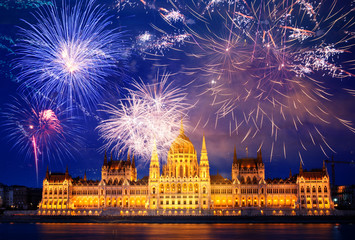 winter holiday destination Budapest fireworks over Hungarian parliament - New Year in the city