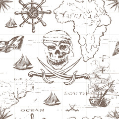 Vector abstract seamless background on the theme of travel, adventure and discovery. Old hand drawn map with vintage sailing yachts, wind rose, routs, nautical symbols and handwritten inscriptions