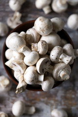 Fresh champignon mushrooms in a bowl. Raw mushrooms. Selective focus. Macro.