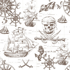 Vector abstract seamless background on the theme of travel, adventure and discovery. Old hand drawn map with vintage sailing yachts, wind rose, routs, nautical symbols and handwritten inscriptions