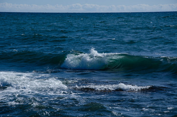 Seascape, day, sea, mountains rocky coast.