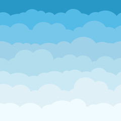 Cloud sky cartoon background. Blue sky with white clouds flat poster or flyer, cloudscape panorama pattern vector. Seamless colored abstract fluffy texture