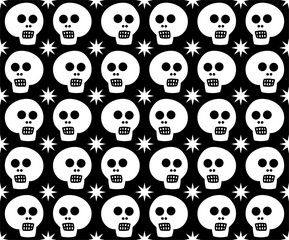 Skulls and stars on a black background. Hipster abstract background. Fear and horror for the holiday of Halloween. Vector art graphic.