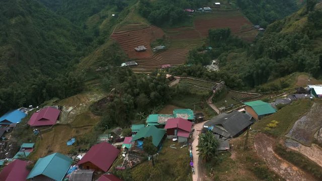 Aerial Drone footage of Cat Cat Village near Sapa in Northern Vietnam - October 2019