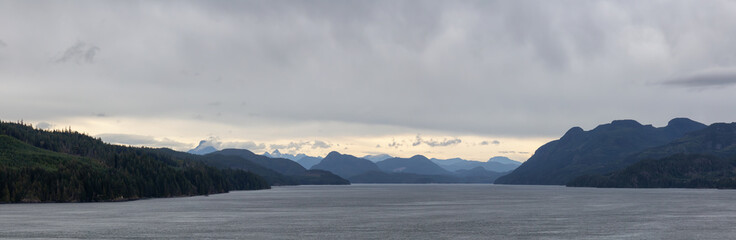 Beautiful Panoramic View of Johnstone Strait during a cloudy day. Located near Northern Vancouver Island, British Columbia, Canada.