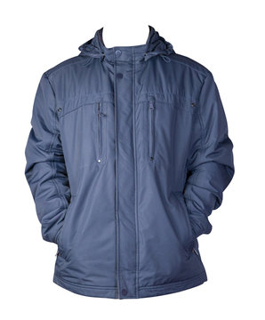 Men's jacket in a hood isolated on a white background. Windbreaker jacket front view.
