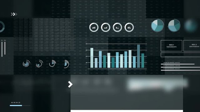 Statistics, financial market data, analysis and reports, numbers and graphs. Loopable animated opening video 4K. Glitch effects.