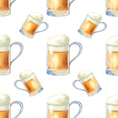 Seamless pattern for textile, wrapping paper, menu or napkins on white background. Glass mugs of beer or ale with a foam. Cool Oktoberfest drinks.