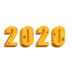 2020 new year cheese symbol. Yellow numbers on white background. Bright appetizing logo for poster, banner, flyer or promotional leaflet. 600 dpi image quality. Pastel drawing grunge effect.  E