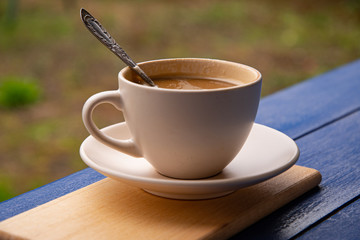 Morning cup of coffee with milk in the park.