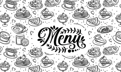 Seamless food and drink food patterns, set of fast food doodles on white, Vector illustration. Ideal for menu or food packaging design, background for web site or social network, homemade food 