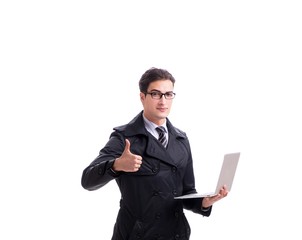 Young businessman with laptop isolated on white background