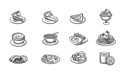 Drawn sketches of food and drinks. Icons and symbols can be used on the website or in the restaurant menu, illustrations for recipes or price pages, Menu food icons handmade chalk on a blackboard