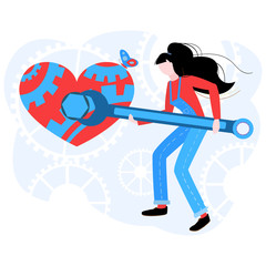 Vector flat modern illustration of a woman who repairs an abstract heart.