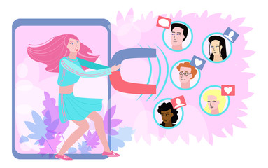 Vector illustration with image of a modern girl in the phone with a large magnet