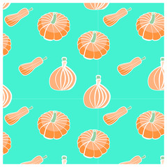 Vector illustration of a pattern of different types of pumpkins.