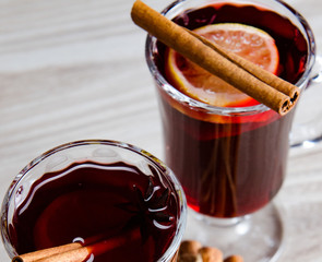 Mulled wine glintwine served in glasses for christmas table