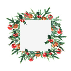 Fir tree branches border with christmas balls. Christmas and New year card, empty blank. Watercolor.