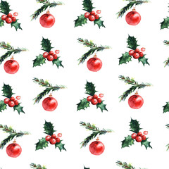 Watercolor seamless pattern with christmas balls and mistletoe. For textile, wrapping paper, greeting cards, backgrounds
