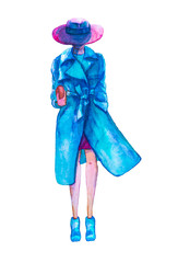 Girl in the blue raincoat and in the hat. Hand-painted colorful elements. September card template. Autumn card template.