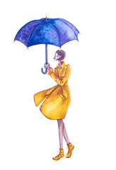 Girl in yellow raincoat with umbrella. Hand-painted colorful elements. Umbrella from a rain, female umbrellas. Illustration. September card template. Autumn card template.