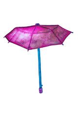 Colored pink umbrella, painted in watercolor, isolated on white background. Hand-painted colorful elements. Umbrella from a rain, female umbrellas. Illustration