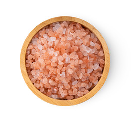 Fototapeta na wymiar Himalayan salt raw crystals in wood bowl Isolated on white background. top view
