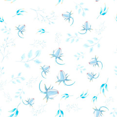 Seamless pattern with pink hellebore flowers, buds, leaves, decorative twigs on white isolated . Watercolor illustration, handmade.