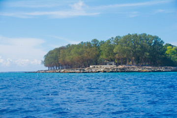 View of the Japanese Monument for WW2 in Peleliu Peace Memorial Park from Ocean, the  Southernmost place of Peleliu island, Palau, Pacific