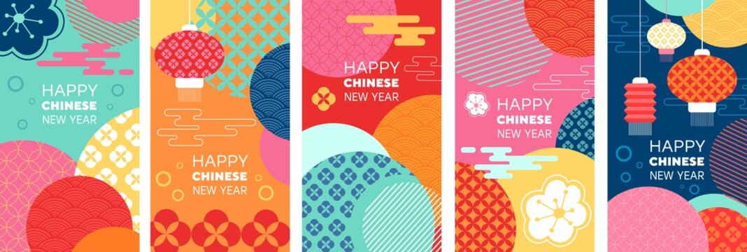 Happy New Year 2020. Set of Chinese New Year Greeting Cards, posters, flyers or invitation designs with paper cut sakura flowers, patterns and lanterns. Vector illustration.