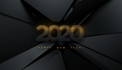 Happy New 2020 Year. Festive party sign. Vector holiday illustration. Glittering paper numbers 2020 on black fractured background. Holiday banner design. Cover, poster or congratulation card template