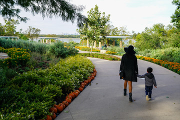 Woman walking holding hands with young boy at a park in Dallas, Texas