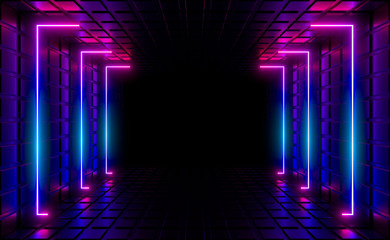 Multicolored neon lamps in a dark tunnel. Reflections on the walls. - obrazy, fototapety, plakaty