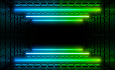 Multicolored neon lamps in a dark tunnel. Reflections on the walls.