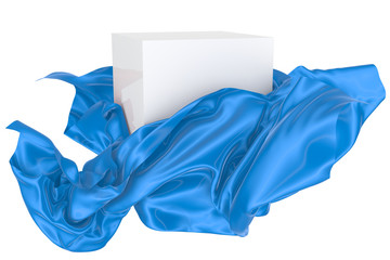 White square surface surrounded by blue wavy fabric, silk or satin. 3d rendering image.