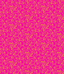 yellow seamless flourish and swirls pattern tile over bright pink background. for textile, fabric, backgrounds, wallpaper, backdrops and festive surface designs. seamless design
