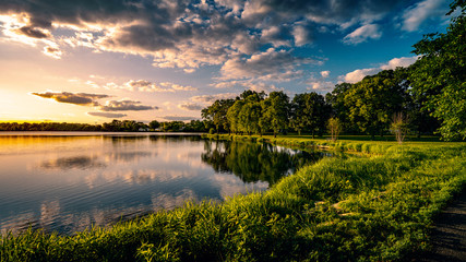 Sunset over a still calming lake in Burlington, Wisconsin USA.