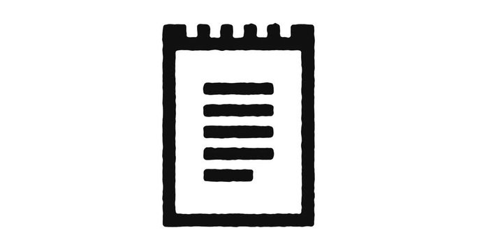 Notepad outline icon animation footage/video. Hand drawn like symbol animated with motion graphic, can be used as loop item, has alpha channel and it's at 4K video resolution.