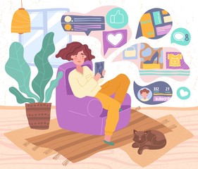 Cute funny girl sitting in comfy armchair and surfing internet on her smartphone. Smiling young woman using social network at home. Online search and communication. Cartoon vector illustration.