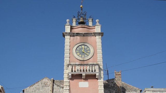Old clock and tower bell in city centre. Zadar, Croatia, Dalmatia