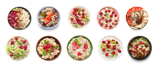Collage with tasty oatmeal in bowls on white background