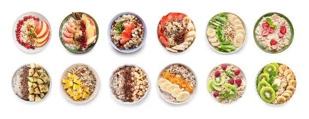 Collage with tasty oatmeal in bowls on white background