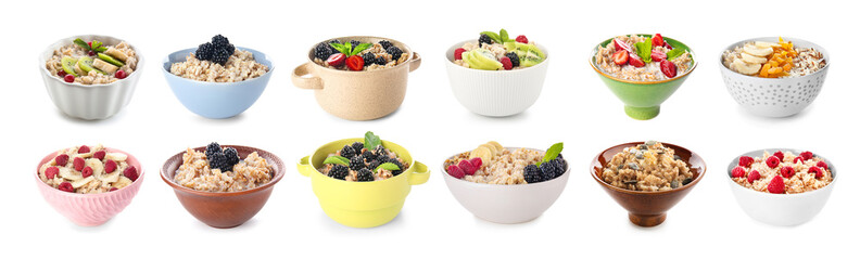 Collage with tasty oatmeal in bowls on white background